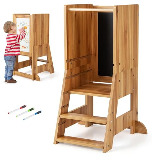 RELAX4LIFE Torre Montessoriana 3 en 1 para niños, torre de aprendizaje de altura ajustable, torre de aprendizaje con pizarra de doble cara y pies antivuelco, para niños de 1 a 7 años (natural)