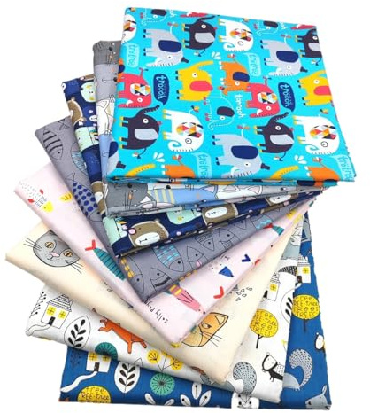 AMateschitz 8 pezzi di tessuto di cotone stampato con animali cartoni animati, stampa in twill di cotone, tessuto patchwork, per biancheria da letto per bambini, cucito, fai da te, #5, 20 x 25 cm x 8