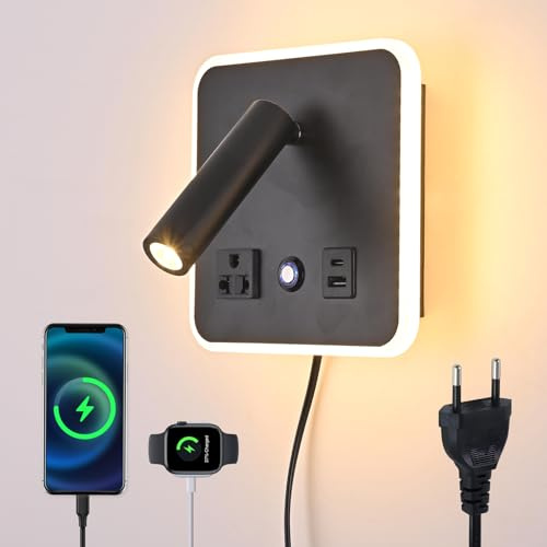 CNMYKYDS Dimmbare Wandleuchte mit Berührungsschalter, Steckerkabel USB C+A Port Ladeanschluss, Verstellbare Wandleseleuchte für Schlafzimmer (Schwarz(Quadratisch))