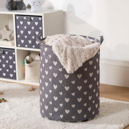 OHS Kids Laundry Basket Heart Print, Freestanding Storage Basket with Handles Foldable Lightweight Collapsible Kids Washing Baskets For Clothes & Toys, Grey