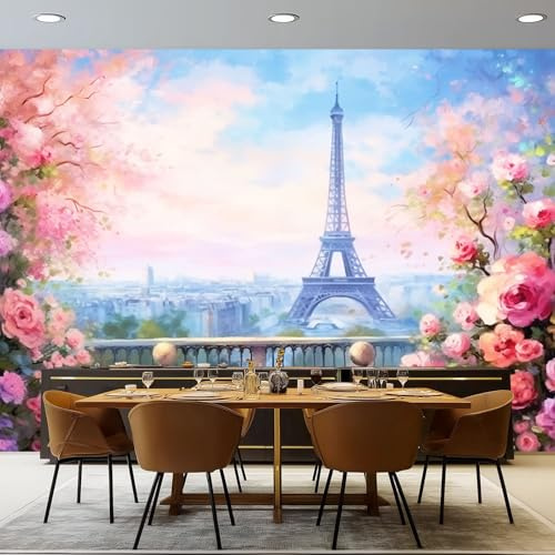 Papel Pintado Efecto 3D, Azul Claro Papel Pintado FotografíA Mural con Estilo De Pintura Al Óleo Torre Eiffel Motivo, 200 x 140 cm Moderna Murales Decoración para SalóN Dormitorio Oficina