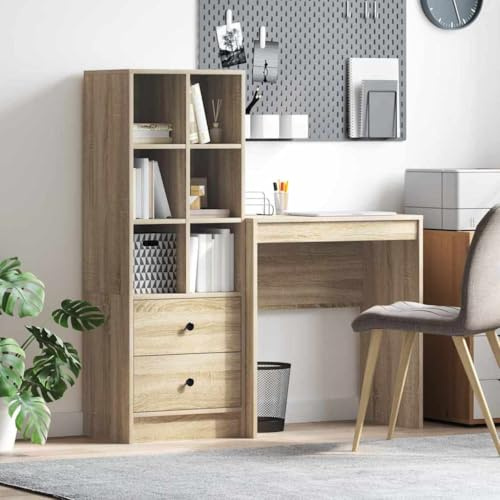 Mandloder Sonoma-ek, uppsättning av 2, trämaterial, med 2 lådor, 115,5 x 40 x 127 cm, hållbar, stor arbetsyta, för kontor och hemmakontor, moderna kontorsmöbler