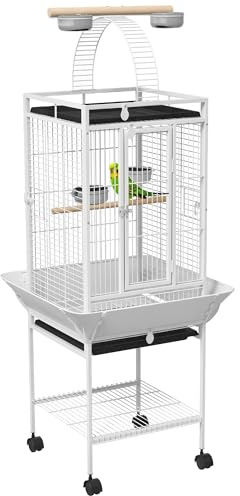 PawHut Cage Oiseaux, voliere Oiseaux à roulettes, Cage Perroquet avec Support, Plateau Coulissant, Aire de Jeu, étagère de Rangement, perchoir en Bois, contenants Alimentaires, 62,5x62,5x156cm, Blanc