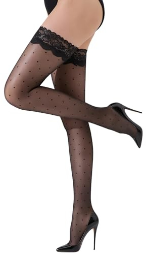 Women's Lace Top Thigh High Sheer Stockings Silicone Stay Up Pantyhose Polka Dot and Back Seam Detail (US, Alpha, One Size, Regular, Regular, Black Polka Dot)