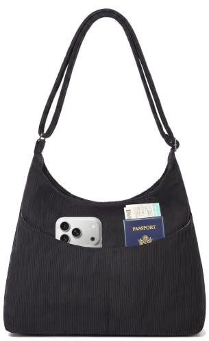 Funtlend Corduroy Hobo Crossbody Tote Bag for Women - Large Capacity Zipper Shoulder Bag with Adjustable Strap & Pocket for Work, College and Daily Use-Black
