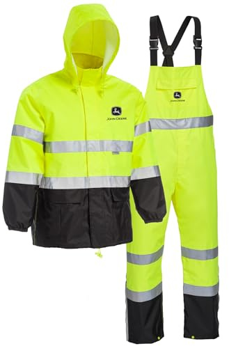 John Deere Unisex High Visability ANSI Class III Rain Suit Jacket and Bib with Color Block, High Visability, Water Resistant, and Reflective 3M Tape, Yellow, Black, Large (JD44530/L)