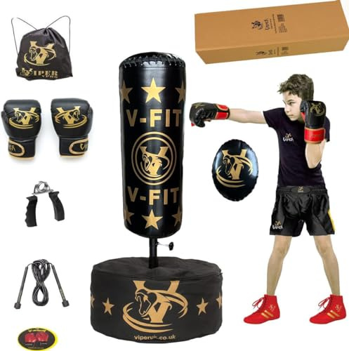 Children Free Standing Boxing Punching Bag Stand For Kids Target Heavy Duty Punch Bags Kick Boxing MMA Adjustable Height Black V-FIT Set
