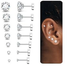 LOLIAS 7 Paia 20G Ipoallergenico Orecchini per Donne e Uomini - Flatback In Acciaio Inox con Cubic Zirconia - Piercing Dell'orecchio e Cartilagine