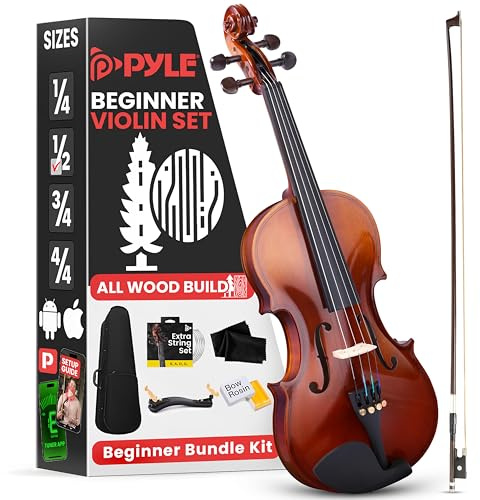 Pyle 1/2 Size Beginner Violin Starter Kit, Violin Starter Package with Travel Case & Bow, Extra Strings, Digital Tuner, Shoulder Rest & Cleaning Cloth for Students, Kids, Adults