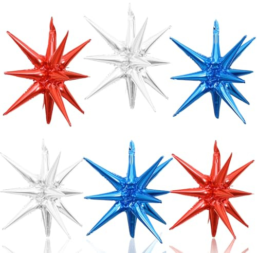6 Pieces 27 Inches Red White Blue Star Explosion Balloons, Large 14-Pointed One-Piece Cone Stars Fireworks Aluminum Foil Balloons for 4th of July, Independence Day USA Patriotic Party Decorations