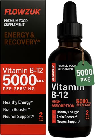 Flowzuk Vitamin B12 Liquid Drops 5000mcg – High Strength Methylcobalamin – Fast Absorbing Vegan B12 Supplement – 60ml Dropper Bottle – Gluten Free, Energy & Wellness Support