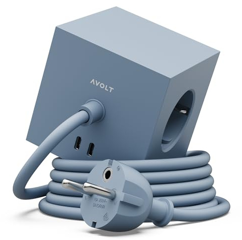 Steckdosenwürfel mit USB-C – Mehrfachsteckdose mit 3 Steckdosen + 2 Ports | Magnetfuß & Klebepad | Skandinavisches Design in 7 Farben – Avolt Square 1 (Shark Blue, USB-C 1.8m)