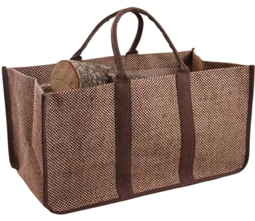 AUBRY GASPARD - Sac à Bûches Toile de Jute - Anses Marrons - Doublure Plastifiée Anti-Salissures - 65 x 33 x 33 cm - 70 L - Supporte jusqu'à 50 kg - Idéal Transport Rangement Bois