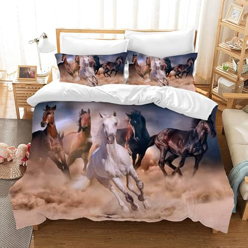 JEFFEL Set biancheria da letto Cavallo 135 x 200 cm per Bambina, Set biancheria da letto per Bambini, Motivo Cavallo Animale, Housse de Couette in Microfibra con Chiusura lampo e federa da 80 x 80 cm