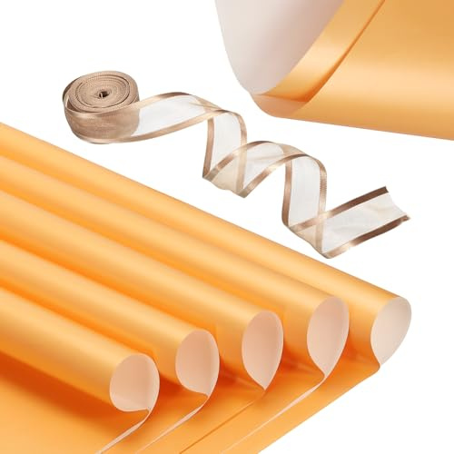 PATIKIL 20 Sheets Flower Wrapping Paper, Waterproof Flower Paper Wraps with Ribbon Floral Bouquet Supplies for DIY Crafts Packaging Bouquet, 22.8x22.8 Inch, White/Gold Tone