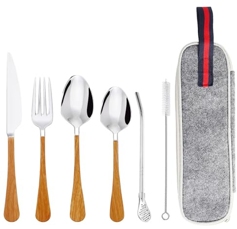 DailyTreasures 6 pièces ensemble de couverts portables en acier inoxydable,couverts de voyage à poignée en bois avec sac de rangement,Ustensile portable et cuillère filtrante paille pour le camping