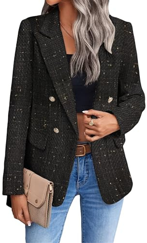 Women's Fall Business Plaid Tweed Blazer Jacket, Plaid Blazer for Women, Womens Blazers for Work Casual (Black-b,M)