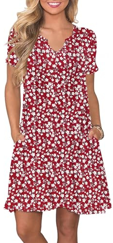 PLOKNRD Robe d'été Femme Courte Trapèze Col V Plis Poches | Robe T-shirt manches courtes, coupe ample, tissu léger. Chic, décontractée, polyvalente. Idéale pour quotidien et vacances