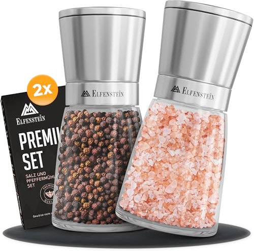 ELFENSTEIN Juego de molinillos de sal y pimienta de acero inoxidable con mecanismo de cerámica – infinitamente ajustable, molinillo de sal y sal, molinillo de especias, salt and pepper grinder, set de