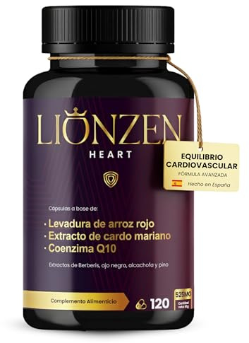 Levadura de arroz rojo (2,99mg de Monacolina K) Coenzima Q10, Cardo Mariano +10 ingredientes Colesterol, Salud Cardiovascular y Detox Hígado | Berberina, Astaxantina | 120 Cápsulas | Lionzen Heart