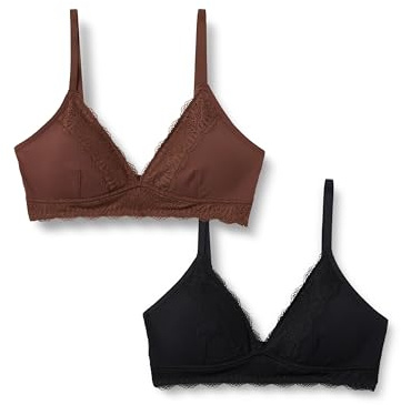 Amazon Essentials Bralette con Scollo a V Foderata in Microfibra Effetto Pesca con Bordo in Pizzo Donna, Pacco da 2, Nero/Nocciola, M