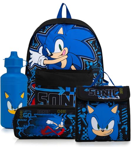Sonic The Hedgehog Backpack 4 Piece School Set with Lunch Bag, Pencil Case & Water Bottle | Boys Rucksack with Padded Adjustable Straps – Back to School Supplies