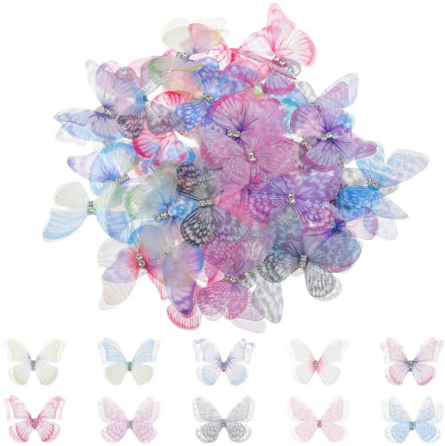 JIYINN 60 Stück 3D Schmetterlinge Deko, Organza Stoff Durchscheinender Chiffon Schmetterling für DIY Dekoration, Scrapbooking, Gepäck, Wand und Fenster Haarspange Dekoration Tagesplaner Handyhülle