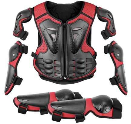 Veste de protection de moto, armure de moto pour , avec genouillères, coudières, plastron de course, pour sports de plein air, 4/6/8/10/12/14 ans, 5 pièces/lot, noir/rouge