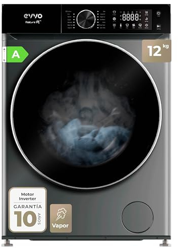 EVVO Lavadora Carga Frontal NATURE R - Capacidad de 12 Kg, Motor Inverter eDRIVE, 1400 RPM, Eficiencia Energética A, Vapor Antialergias, Auto Limpieza, Tambor ePROTECT, Pantalla Táctil, Color Inox