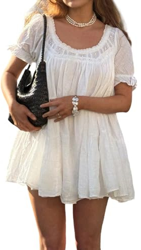 Owegvia Womens Square Neck Babydoll Dress Summer Puff Short Sleeve Mini Dress Casual Loose Fit Lace Trim Sundress