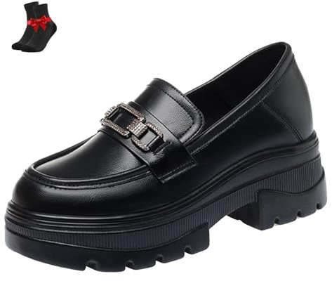 Mocassins à Enfiler à Plateforme en Cuir Verni for Femmes, Mocassins Confortables à Semelle crantée for Femmes habillées et de Travail, Chaussures décontractées d'affaires(Black,38 EU)