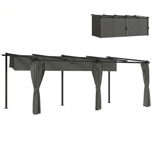 Outsunny Einziehbare Pergola 3 x 6 m mit Seitenvorhängen, Gartenlaube aus Metall mit Sonnenschutz UPF30+, Überdachung für Terrasse, Innenhof, dunkelgrau