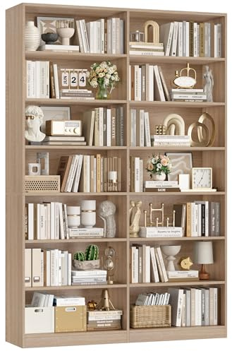 FirFurd Estantería Libros, Estantería Grande, Librería Salón, Estanterías Almacenaje Madera Alta, Libreria Estanteria con 14 Compartimentos para Salón Oficina Estudio 116x28.5x212cm Roble