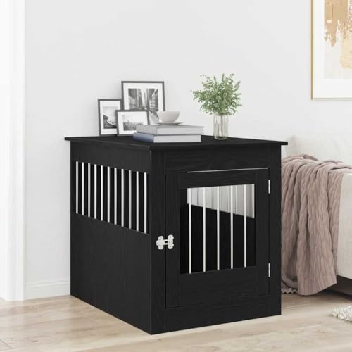QUAHEAS Dog Box Furniture Black Oak 64.5 x 80 x 71 cm Wood Material with Steel Frame, Lockable Door, Ventilation, Indoor Outdoor Dog Kennel as Sleeping Place and Side Table