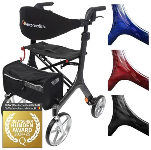 Besco Medical Carbon Rollator ultraleicht 5,9 kg - faltbar, höhenverstellbar, mit Sitz - Premium Gehhilfe mit Rückengurt, Netztasche, Stockhalter - Modell L Graphitgrau