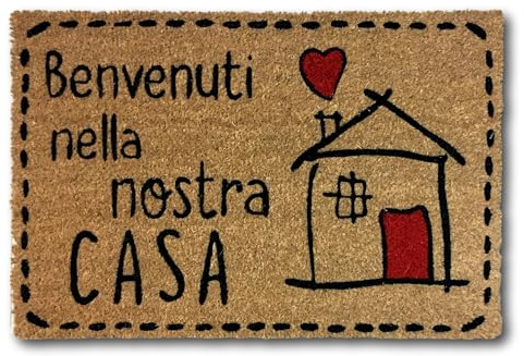 KOKO DOORMATS Zerbino ingresso casa in Fibra di Cocco “Benvenuti nella Nostra Casa” | Tappeto Ingresso Esterno con Base Antiscivolo in PVC | Design Simpatico 40x60 cm