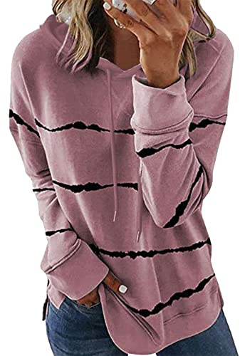 Yming Damen Rundhals Kapuzenshirts Streifen Hoodies Langarm Pullover Freizeit Sweatshirts Rosa XXL