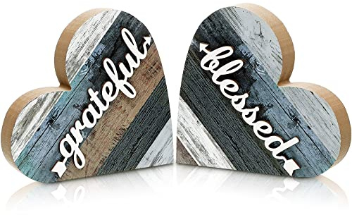 Jetec 2 Pcs Rustic Wooden Heart Table Decor, Daisy Farmhouse Home Decor, Bless This Home & Be Kind Sign for Living Room, Dining Room, Shelf & Mantel, Ideal Housewarming & Birthday Gift(Grateful Style)