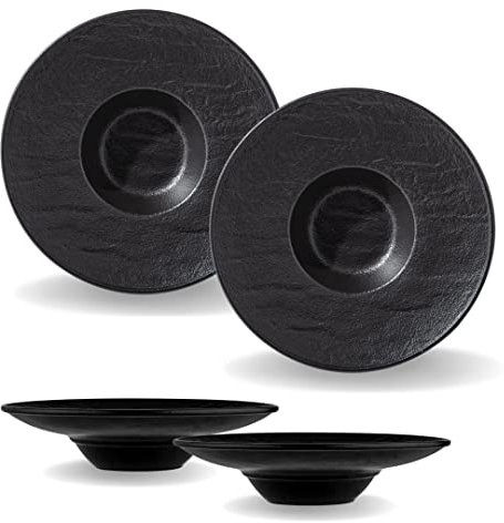 Wilmax – Cuencos profundos – 2 unidades 27 cm / 250 ml | platos de pasta negra | textura de piedra natural | para pasta, sopas, ensaladas, platos principales | platos hondos resistentes a los arañazos
