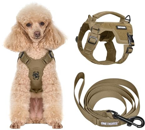 OneTigris Hundegeschirr Kleine Hunde mit Leine(150cm), Mini Trooper Welpengeschirr mit Steuergriff und 2 Abschlepppositionen für Kleine Hunde, Braun XXS