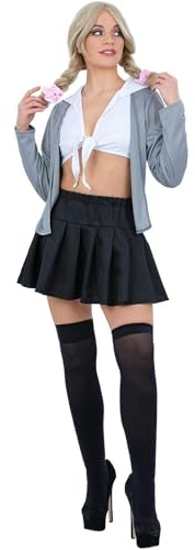 Smiffys School Girl Costume Shirt with Attached Cardigan, Skirt & Hair Scrunch, 1990's Fancy Dress, 1990s Dress Up