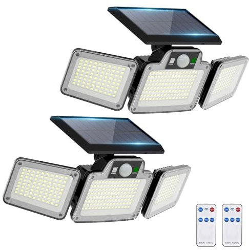 JumJam 280 LED Solar Flood Lights Outdoor, 3 Adjustable Heads Solar Lights Outdoor Garden Motion Sensor, Waterproof Wireless Solar Powered Spot Light for Yard Garage Patio Garden, 2 Pack