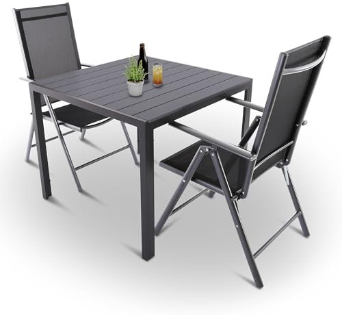 Raburg Gartenmöbel-Set, Moderne Sitzgruppe, 2 Stühle (klappbare Hochlehner) Tisch 90x90cm, wetterfestes Alu, Garnitur für Garten, Terrasse & Balkon, Norvey, Silber/Schwarz|Anthrazit-Schwarz