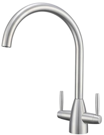 Yamataro Kitchen Tap Stainless Steel Sink Mixer Taps Monobloc Tap Dual Lever 360 Swivel Swan Spout UK Standard 1 Hole Deck Mount Kitchen Faucet for Sink Brushed Anti-Fingerprint
