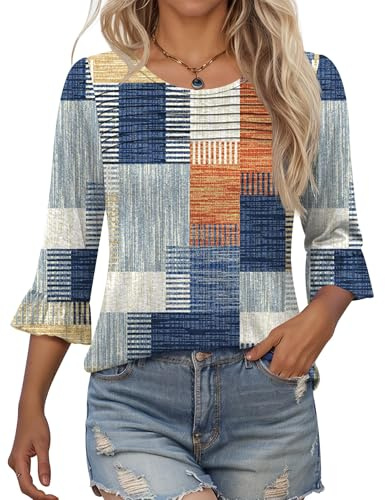 Kistore Ladies Crew Neck Pleated 3/4 Sleeve Check Print Top L