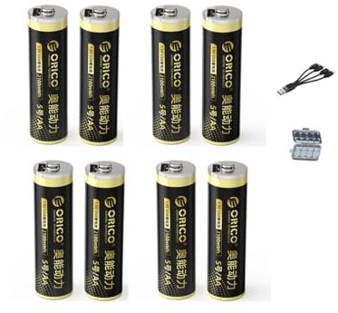 ORICO Pilas recargables AA de iones de litio con cargador Tpye C, 8 pilas de iones de litio dobles A, 1,5 V 2100 mWh de alta capacidad, más de 1000 tiempos de ciclo, para controladores de Xbox