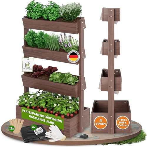 TTL GARDEN Aiuola rialzata verticale a 4 piani in legno, 140 x 85 x 45 cm, colore marrone, aiuola verticale e con 4 piani e pellicola, legno di abete resistente alle intemperie, fioriera per erbe