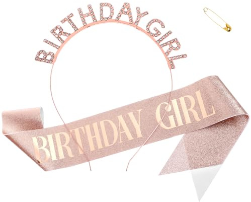 Födelsedagsdrottning krona, grattis på födelsedagen tiara och skärp för kvinnor, glitter roséguld flicka skärp och strasskrona, grattis på födelsedagen tillbehör