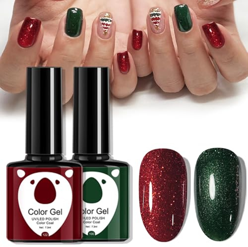 Christmas Red Green Gel Nail Polish Set, 2PCS Glitter Burgundy Dark Red Gel Nail Varnish, Sparkle Shimmer LED/UV Cure long-Lasting Nail Manicure for Women