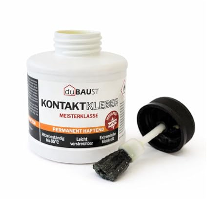 dubaust CLU24 Kraftkleber Kontaktkleber mit Pinsel 250ml Transparent, Schnelltrocknend & Extra Stark – Kleber für Leder, Stoff, Spanplatten, Kork, Fibro-Zement, Holz, Metall, Gummi